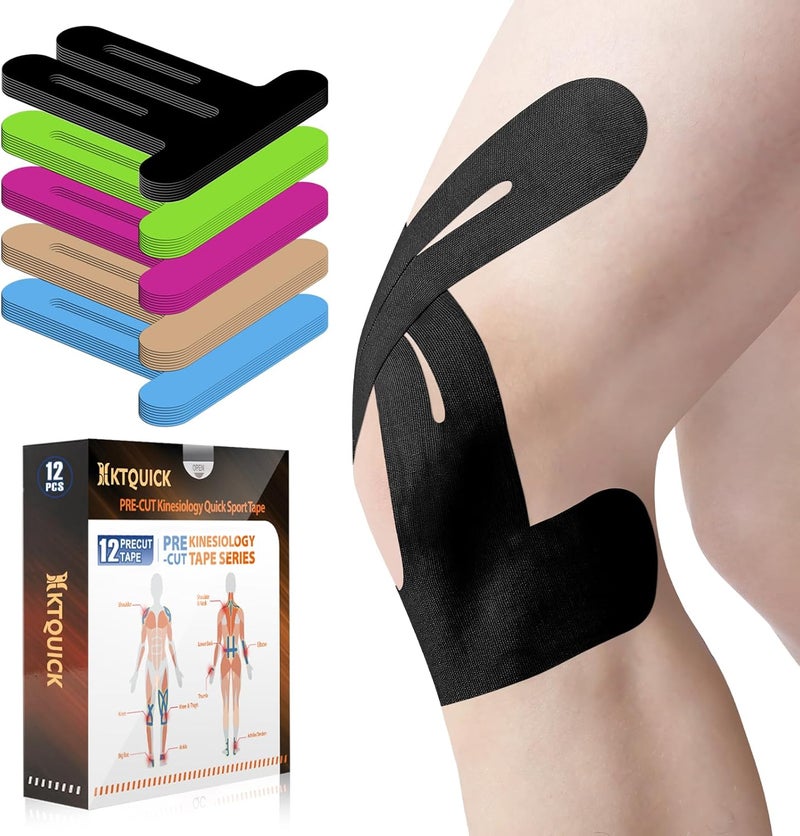 KTQUICK Store PreCut Kinesiology Tape for Knees, 12 PCS Waterproof Knee Tape for Knee Pain Relief Pre Cut, Original Cotton Athletic Knee Tape, Waterproof & Hypoallergenic Latex-Free for Sports (Black) - Image 1